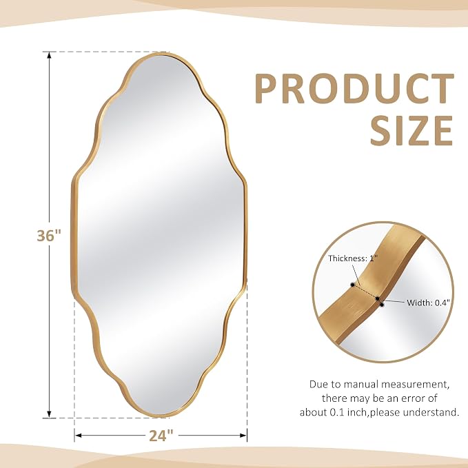 Scalloped Mirror for Bathroom - 24"x36" Gold Bathroom Mirror with Aviation Aluminum Alloy Frame & Shatter-Proof Glass for Living Room Bedroom Entryway, Brushed Gold Frame(x1)