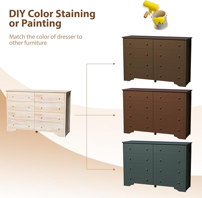VINGLI 55" W Solid Wood Dresser 8 Drawer, Unfinished Chest for Color DIY, 55.1" W*17.72" D*37" H
