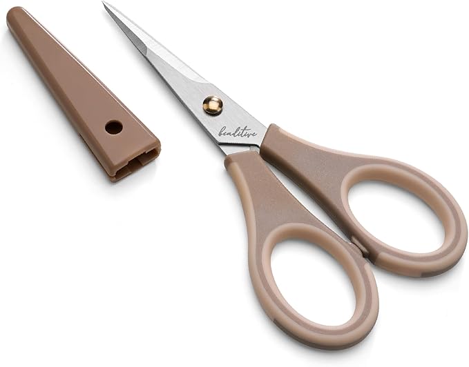 Beaditive Precision Craft Scissors - Ultra Sharp Stainless Steel Blades & Non-Slip TPR Handles - Adult & Kid Scrapbooking Scissors With Safety Cap For Home, Office, School (Milk Tea)