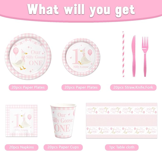 141pcs Silly Goose Birthday Party Decoration Pink Bow Silly Goose Baby Shower Decor Funny Table Gift for girls 1st Birthday Baby Shower Plates Cups Napkins Forks Knives Straws,Suitable for 20 Guests