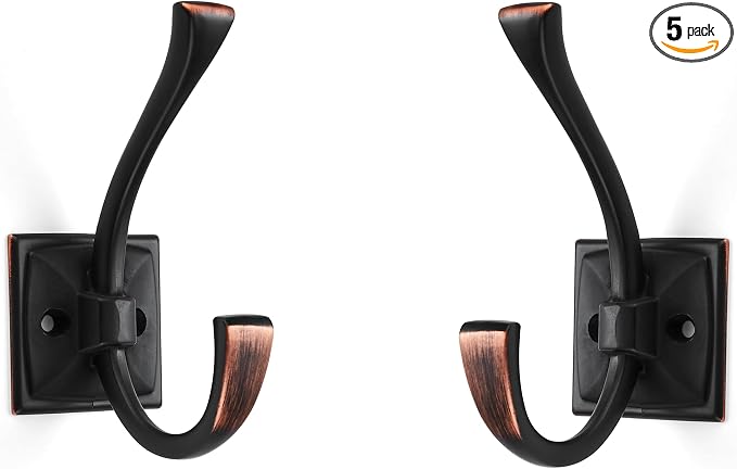 Large Wall Hooks 5 Pack Oil Rubbed Bronze Coat and Towel Hooks for Coats, Robes, Key and More - 4.35 Inch Double Hooks with Screws for Wall Mounting