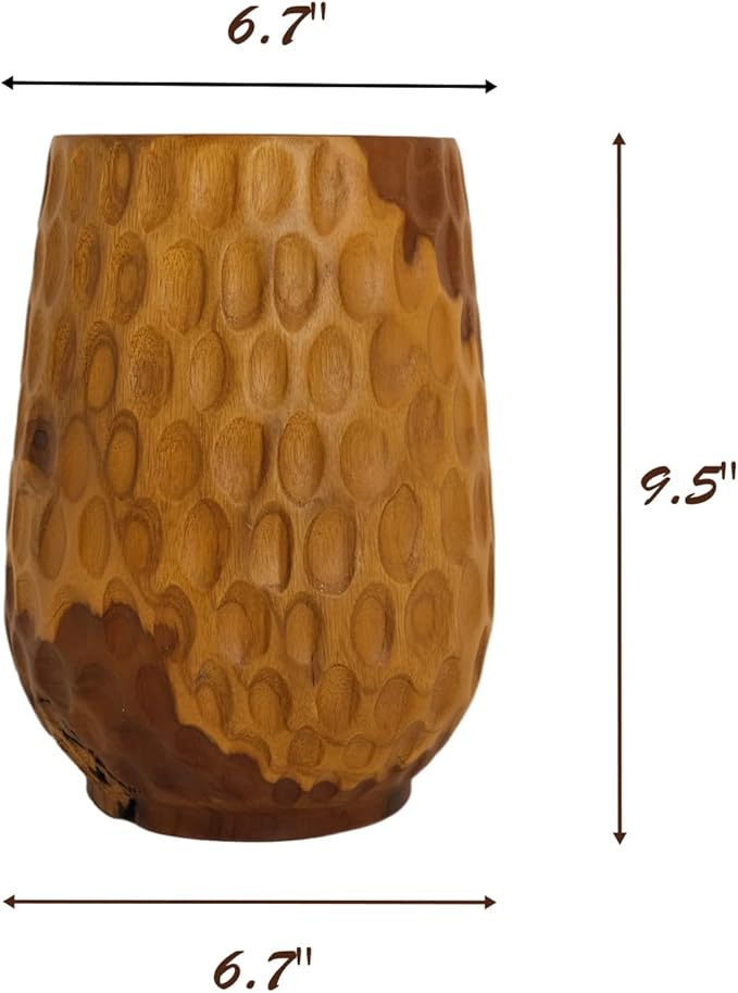 Teak Wooden Handcrafted Vase 6.7" x 6.7" x 9.5"H Natural Wood Pot Handmade Rustic Flower Holder for Entry Table Brown Stain Vintage Artworks Planter for Living Room Home Christmas Décor