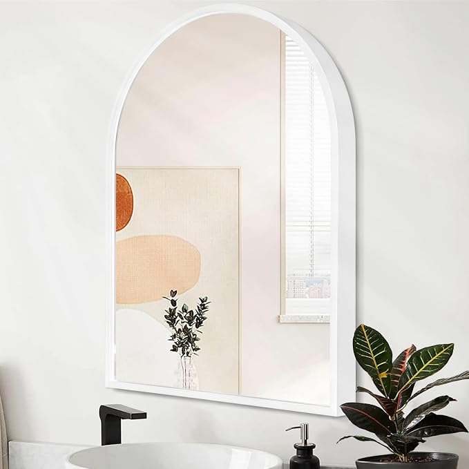 Arch Wall Mirror Bathroom Mirror White Metal Framed Mirror, Arched Metal Wall Mounted Vanity Mirror for Bedroom, Entryway, Living Room 26"x18"