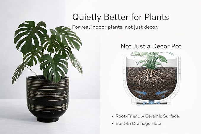 HERDUK Large Black Ceramic Planter for Indoor Trees, Modern Indoor Floor Planter Pot for Olive Trees & Faux Olive Trees, Pottery Planter with Drainage for Real Plants