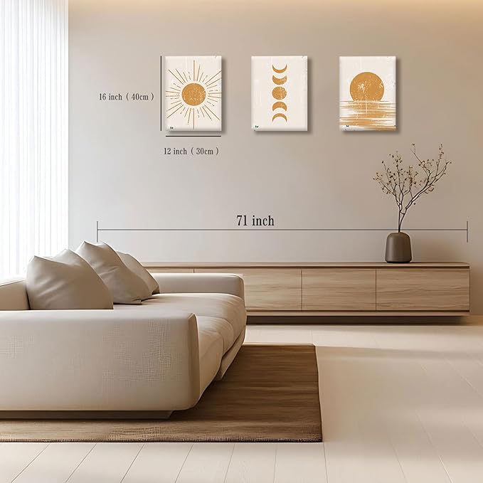 Boho Wall Art Abstract Sunshine Prints Pictures Minimalist Moon Phase Wall Decor Geometric Mid Century Sunset Canvas Paintings Artwork for Bathroom Office Living Room Bedroom Home Decoration 12x16"