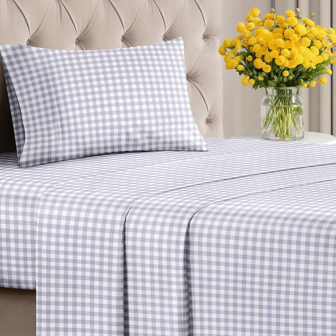 Grey Gingham Sheets - 1 Flat & 1 Fitted Sheet & 1 Pillowcase w/ Deep Pockets - Grid, Plaid, Checkered Pattern Bed Set - Wrinkle & Fade Resistant - Ultra-Soft, Breathable and Cooling - Twin Size