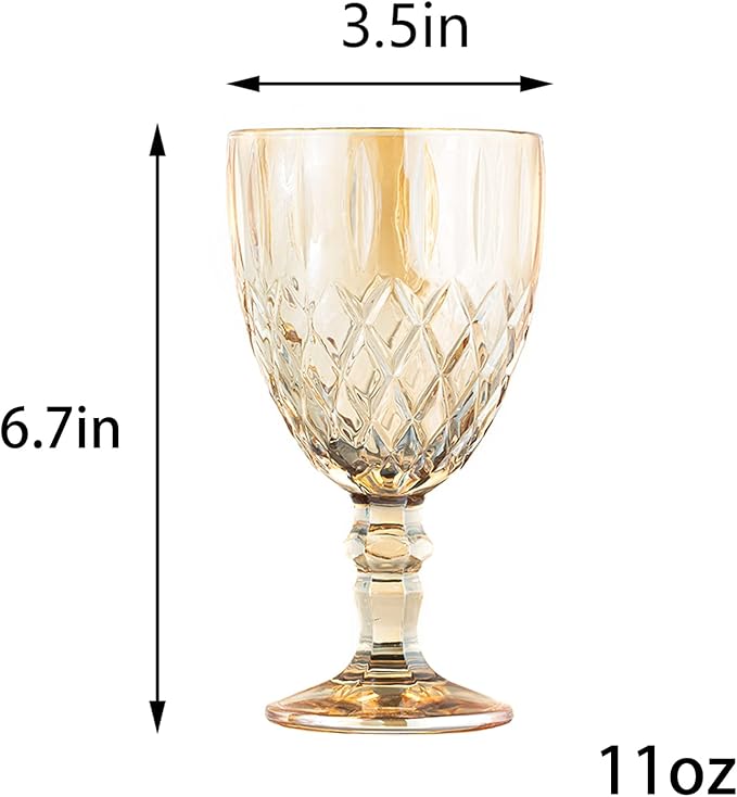 12 Pcs Vintage Wine Glasses, 11 Ounces Colored Glass Water Goblets, Colorful Unique Embossed Pattern High Clear Stemmed Glassware Wedding Party Bar Glass Drinking Cups Amber Fancy Glasses Set of 12