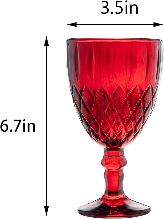 Vintage Wine Glasses Set of 6, 11 Ounces Colored Glass Water Goblets, Colorful Unique Embossed Pattern High Clear Stemmed Glassware Wedding Party Bar Glass Drinking Cups Red Fancy Glasses
