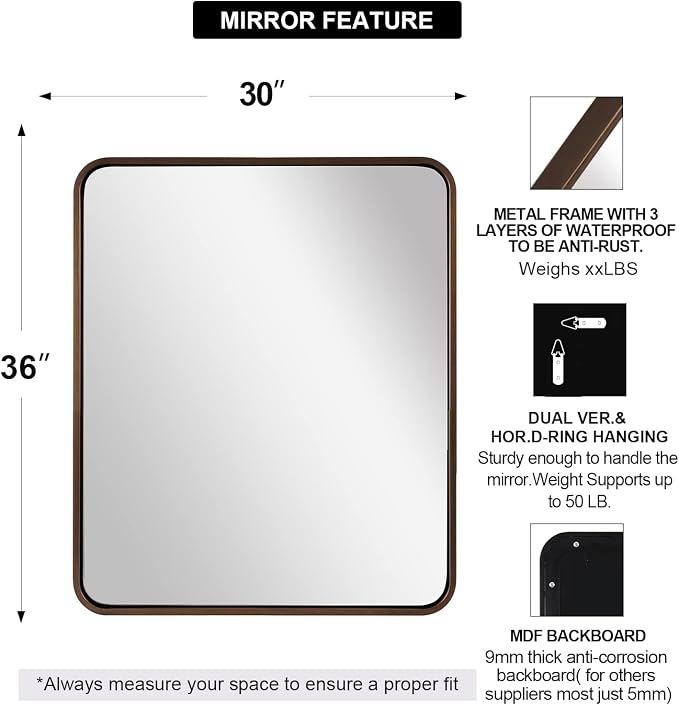 ANDY STAR Bronze Bathroom Mirror, 30x36 InchRounded Rectangle Oil Rubbed Bronze Mirror, Bronze Mirrors for Wall Metal Framed, Iron Tube, 1’’ Deep, Wall-Mounted Horizontally/Vertically