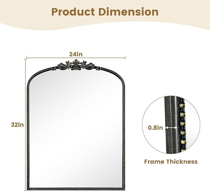 WallBeyond Black Vintage Mirror for Vanity 24x32 Inch, Black Antique Mirror with Ornate Frame, Arched Vintage Wall for Bathroom, Living Room, Fireplace, Entryway