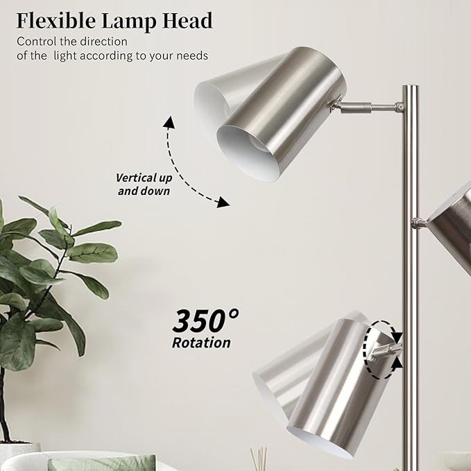 Tree Floor Lamp with 3 Light Bulbs,Nickel Standing Tall Pole Lamp with 3 Adjustable Rotating Lights,Farmhouse Floor Lamp for Living Room Bedroom Office,Vintage Standing Lamp 9W E26 LED Bulbs Included.