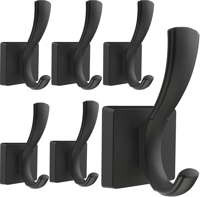 TOFIIGREM Black Towel Hooks Coat Hooks for Wall, Hand Towel Holder Robe Hook for Bathroom, Entryway Hat Hooks for Hanging Coat Towels Keys Hats (6 Pack)