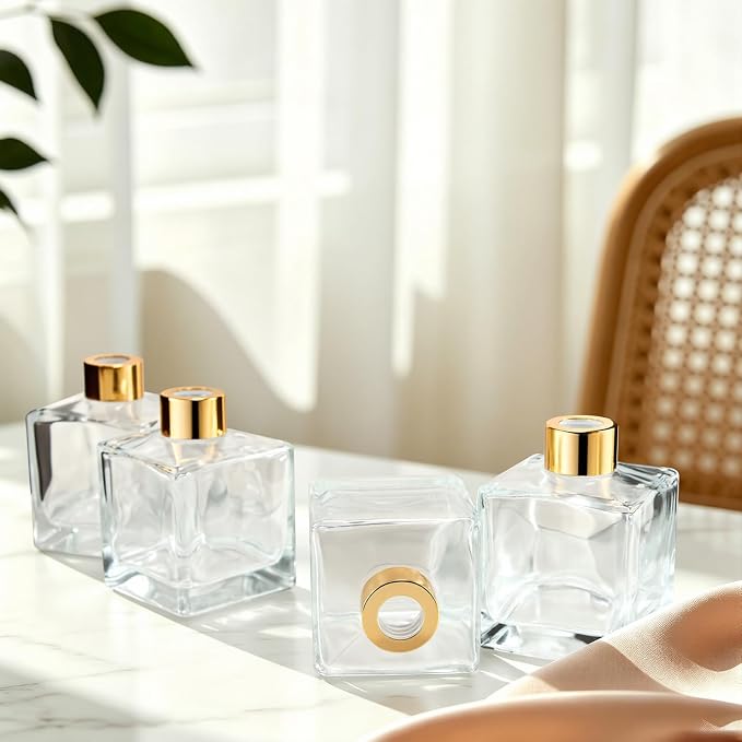 Squre Glass Diffuser Bottles with Gold Caps, Set of 4-3.7" High,200ml 6.7 fl oz. Fragrance Accessories Use for DIY Replacement Reed Diffuser Sets