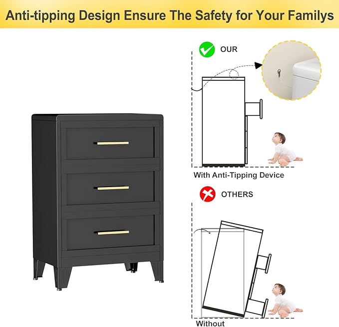3 Drawers Tall Black Dresser for Bedroom, 35.43" Metal Dressers & Chests of Drawers Curved Corner Design, Storage Organizer Drawer Chest with Large Capacity for Living Room, Entryway, Hallway