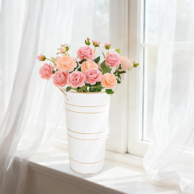 10" Tall Flower Buckets Metal Vase - Pack of 2 Rustic Farmhouse Centerpiece Vases for Table with Handles, Wedding Home Table Decor, Farmhouse White Flower Bar Bucket Holder