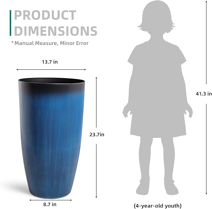 23.8" Tall Planters Large Set of 2 Plant Pots Plastic Flower Pots Outdoor Artistic Floating Cobalt Blue Glaze, UV-Protect & Lightweight PP Container for Garden, Patio, Deck, Porch, Indoor