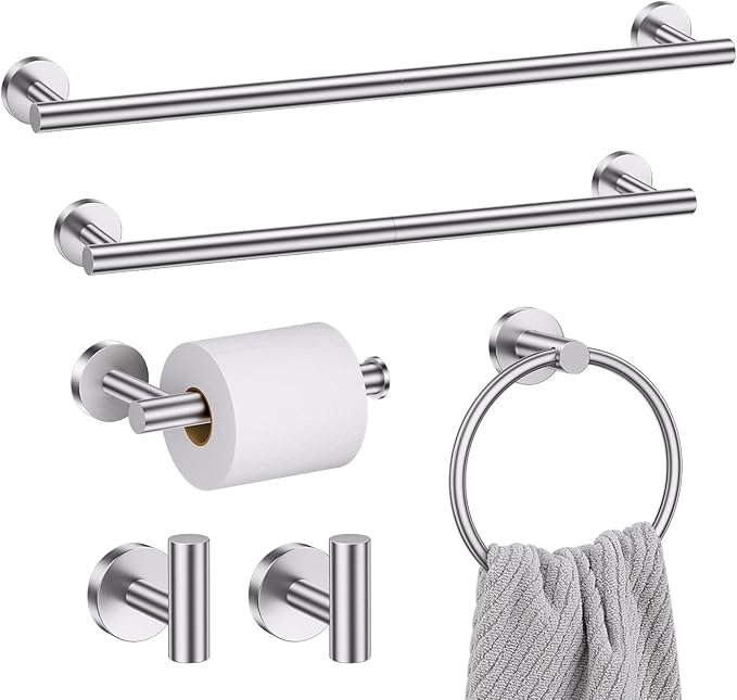 Brushed Nickel Bathroom Hardware Set, 6 Pieces Towel Bar Bathroom Accessories Set Toilet Paper Holder Towel Holder Towel Ring and Towel Hooks Wall Mounted, SUS304 Stainless Steel Towel Rack Set
