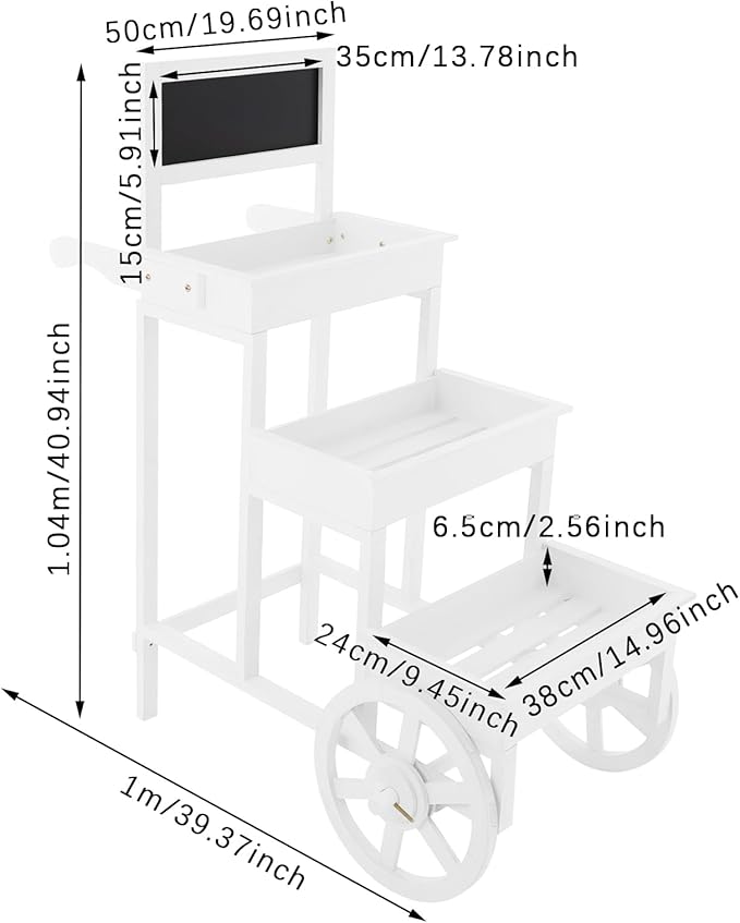 Flower Display Stand | 3-Tier Wood Flower Cart | Flower Cart Display Stand with Wheels | Ladder Shaped Plant stand | Market flower display Stand | Handle & Blackboard (White)