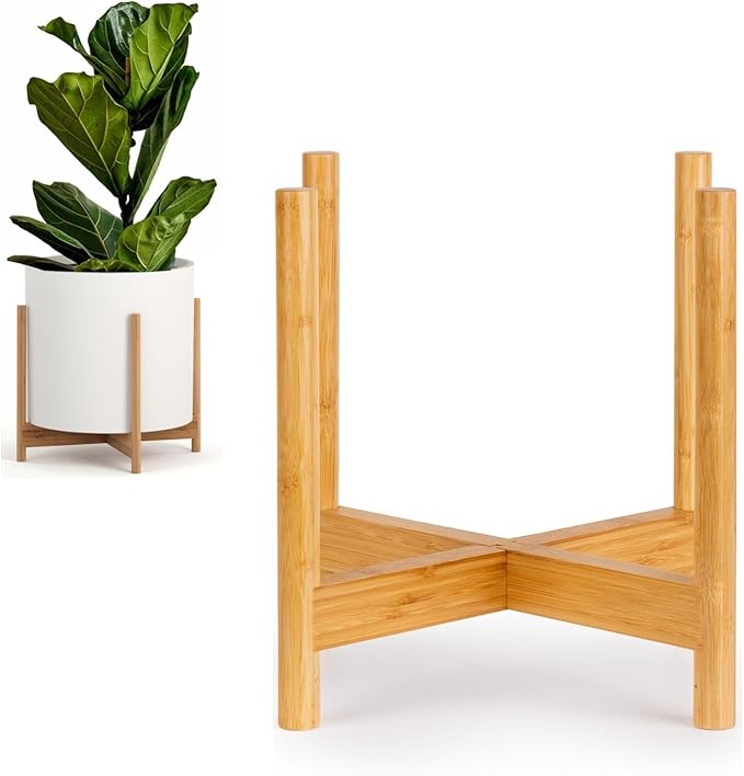Fox & Fern Bamboo Plant Stand — 14.9 Inch Fixed Size Wooden Mid Century Planter Stand for Indoor Plants (Not Included) - Extra Large Flower Pot Holder for Indoor Big Pots - Plug In Design - Bamboo