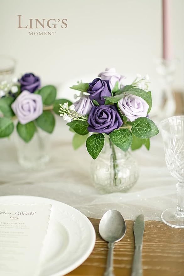 Ling's moment Artificial Wedding Flowers 1.5" Rose Buds and 2" Petite Roses 25pcs Lilac & Purple w/Stem for DIY Wedding Boutonniere Wrist Corsages Bouquets Centerpieces Arrangements