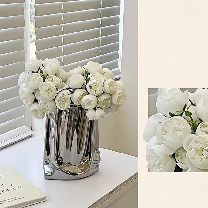 Ceramic Flower Vase, Crinkle Paper Bag Shape, Silver Metal, Modern Home Decor (X-Large)