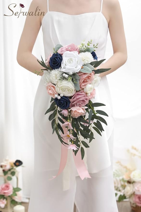 Serwalin 9.8 Inch Wedding Bouquets for Bride Bridesmaid, Pink Blue Rose Bridal Bouquets for Bride, Wedding Flowers Bouquet Tossing Bouquet, Wedding Ceremony and Anniversary Day Decor