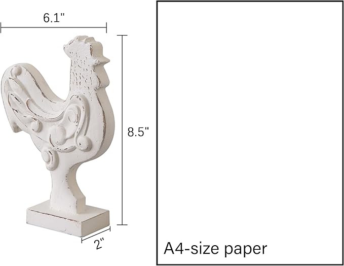 Rustic Small Chicken Statue Kitchen Decor 6 X 8 Inch, Handmade Distressed White Rooster Decor for Tabletop, Wooden Chicken Themed Gifts for Christmas Kitchen Mantel Dining Room Living Room