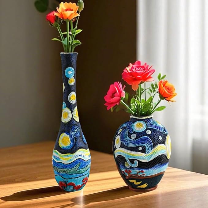 Starry Night Vase Plant Pot,Van Gogh Inspired Resin Flower Pot - Abstract Rainbow Planter with Artistic Brushstroke Design Stylish Art Flower Pot Unique Home Decor for Plants (2pcs)