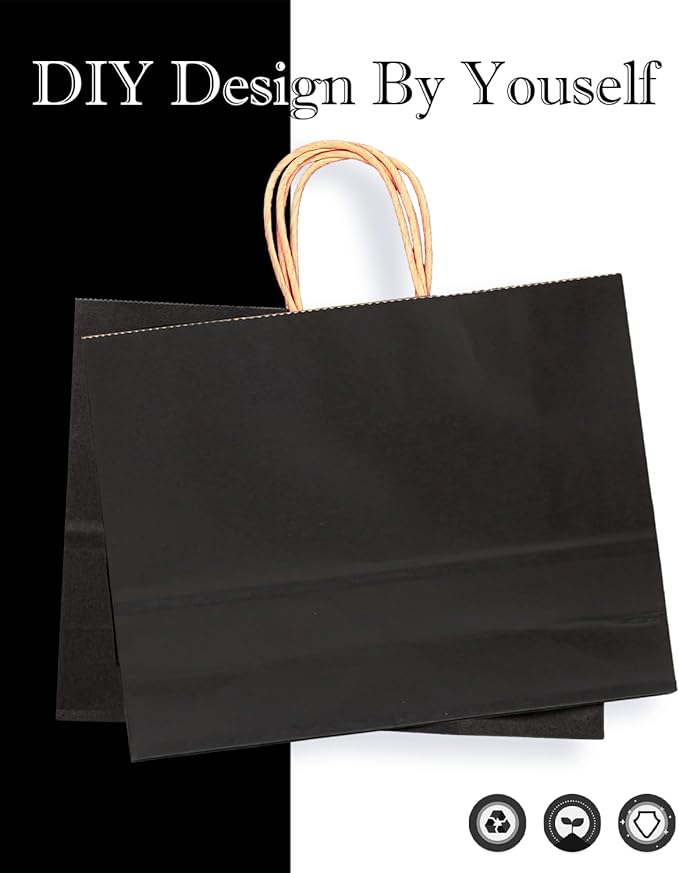 qiqee 13"x4.5"x10" Large Gift Bag with Handles Bulk 32PCS Gift Paper Bags Black Bags Multiple Uses (Wide Large)