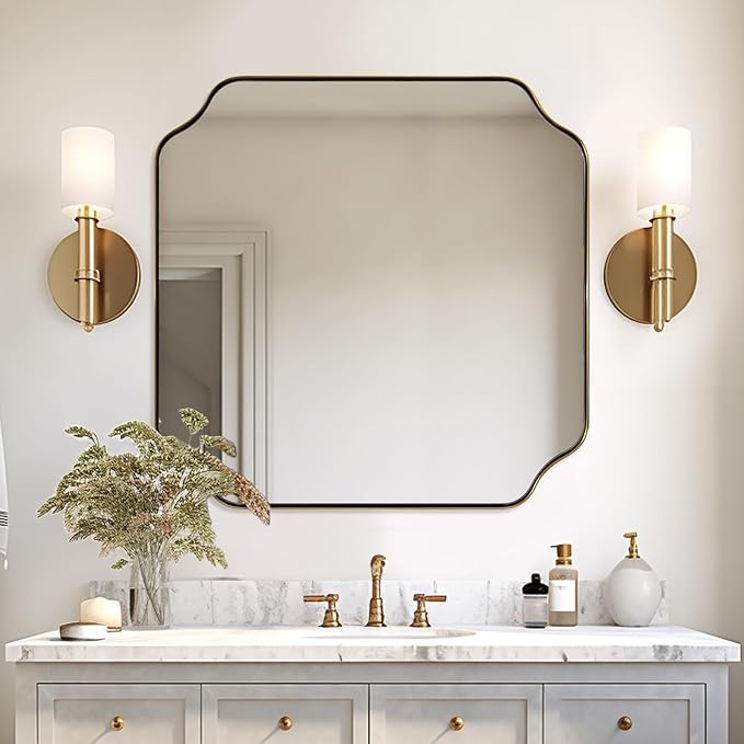ANDY STAR 30"x30" Square Bathroom Mirror, Brushed Gold Scalloped Mirror for Wall, Antique Brass Mirror with Designer-Crafted Rounded Notched Corners, Ideal for Home Remodel