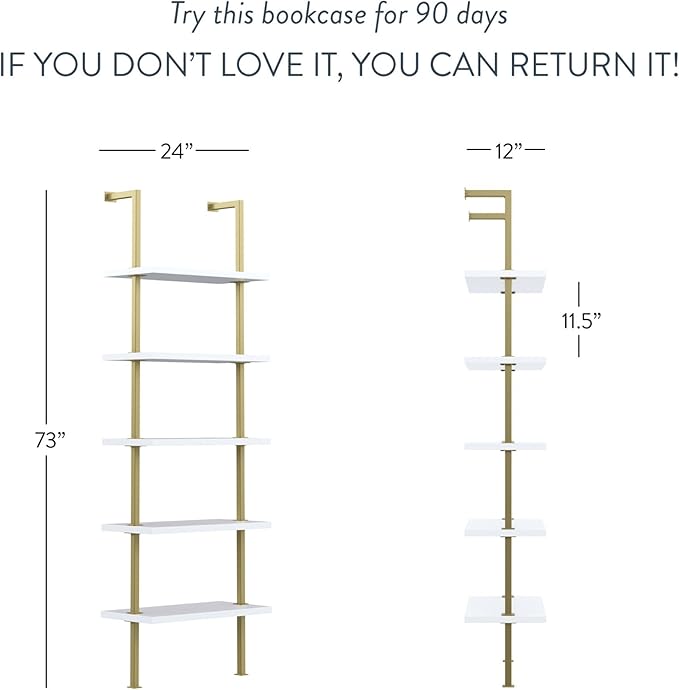Nathan James 66001 Theo 5-Shelf Gold, Ladder Bookcase with Gold/Brass Metal Frame, White, Set of 2