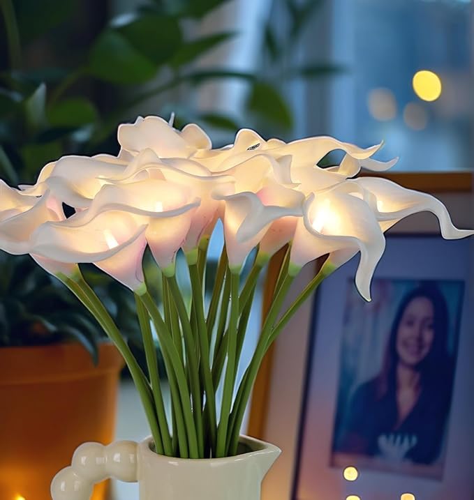 20pcs Artificial Calla Lily Bouquet Lamp Faux Floarl Night Light Real Touch Flower Night Lamp LED Calla Lily Artificial Flower Light for Christmas Gifts Home Kitchen Decor(Whitepurple)