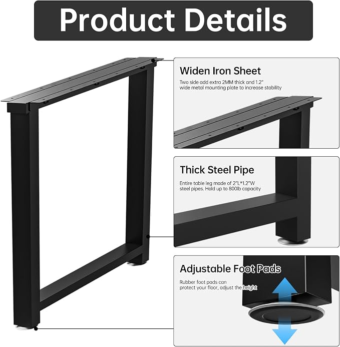 TOCRETOARE Metal Table Legs Heavy Duty, 28”H x 35”W, Metal Furniture Legs for Dining Desk Bench and Coffee Table, Industrial Black DIY Iron Bench Legs, Set of 2