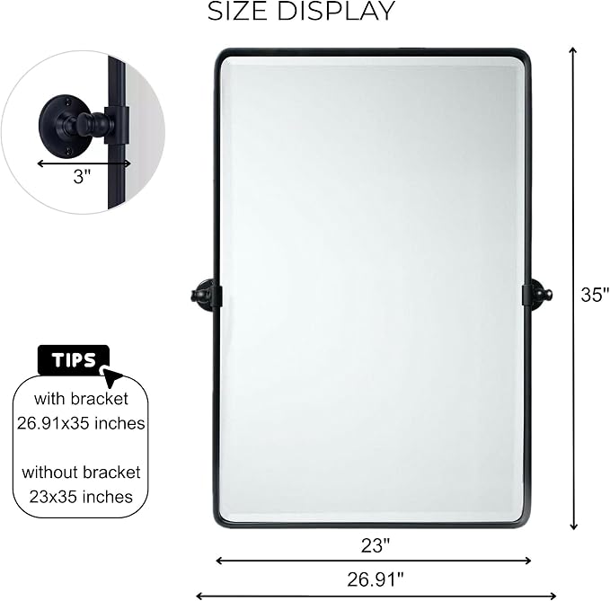 TEHOME Matt Black Pivot Rectangle Bathroom Vanity Mirrror Farmhouse Tiltable Rounded Metal Framed Pivoting Bathroom Mirror with Beveled Mirrror, Overall 27 x 35 inches (Mirrror 23 x 35 inches)