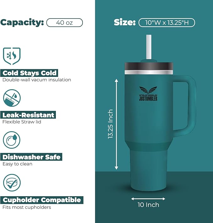 40 Oz Insulated Tumbler with Handle and Straw, Stainless Steel Coffee Travel Mug with Lid, Leak Proof Water Bottle with Accessories, Blue Spruce