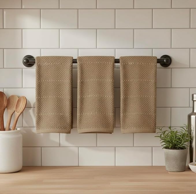 Mocha Light Brown Tan Kitchen Hand Dish Towels: Oversized 28" x 18",100% Cotton Cloth Soft Cleaning Drying Absorbent Textured Design, Set of 3 Multipurpose for Everyday Use (Toasted Coconut)