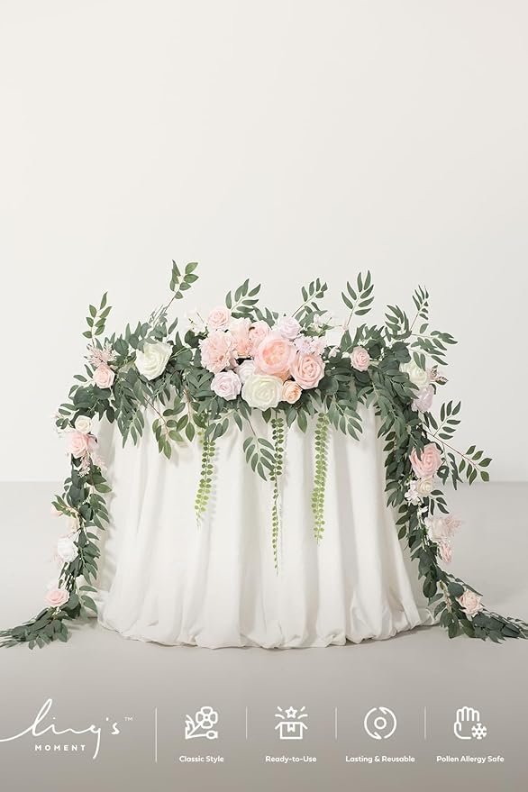 Ling's moment 9FT Flower Garland for Backdrop Decorations - Wedding Arch Flowers, Eucalyptus & Rose, Artificial Floral Garland for Mantle - Sweetheart Table Decor for Ceremony Reception, French Pink