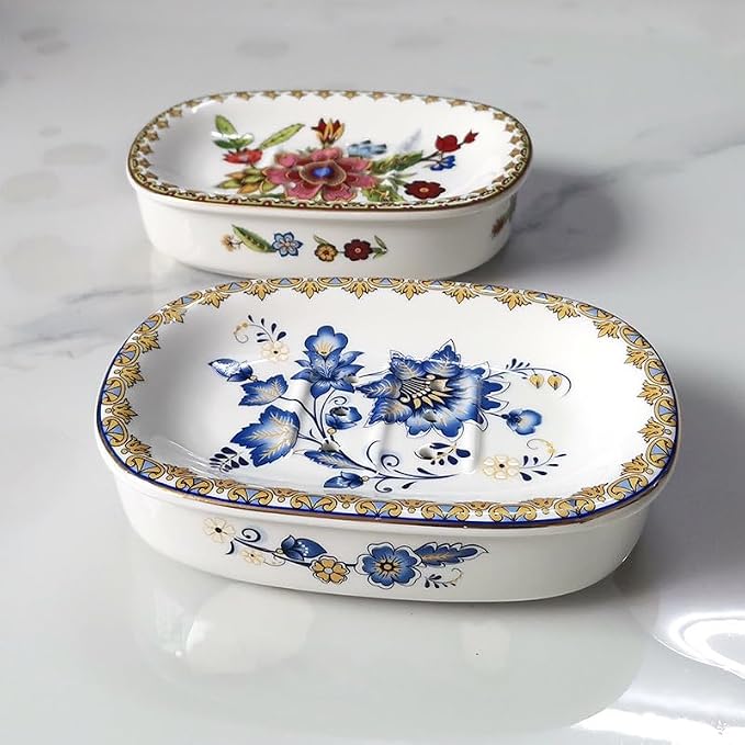 Self Draining Soap Dish, Double-Layer Bar Soap Tray, White Ceramic Soap Dish with Elegant Patterns (Style D)
