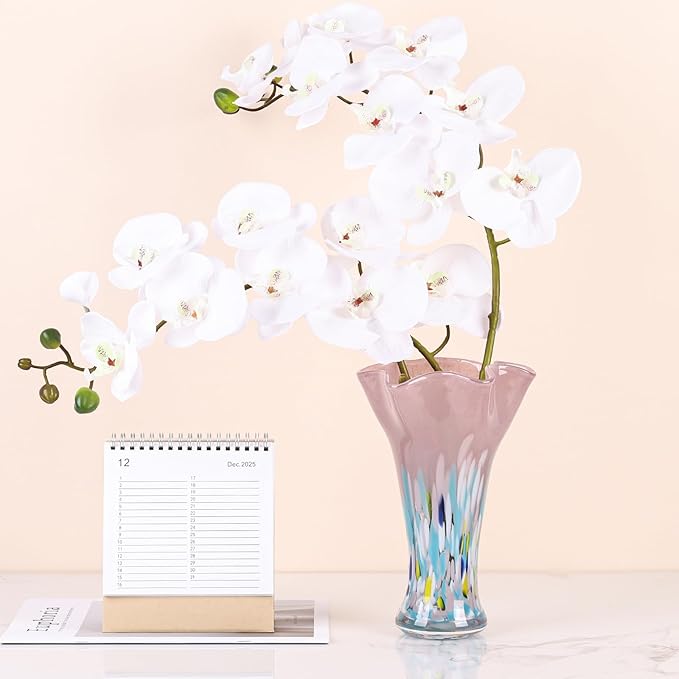 9.0" H Blush Glass Vases for Flowers, Unique Hand Blown Glass Vase Blush Home Decor, Wide Mouth Colorful Flower Vase Centerpieces, for Living Room Table Bookshelf, Bathroom Office Shelf Decorative