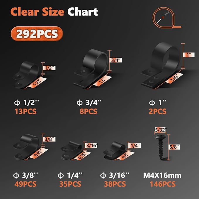 Cable Clamps, 292PCS Cable Clips for Management Cord Organizer, 6 Sizes-3/16'' 1/4'' 3/8'' 1/2'' 3/4'' 1'' Black PA66 Nylon R-Type Plastic Screw Mounting Cord Clamp Assortment Kit with M4 Screws