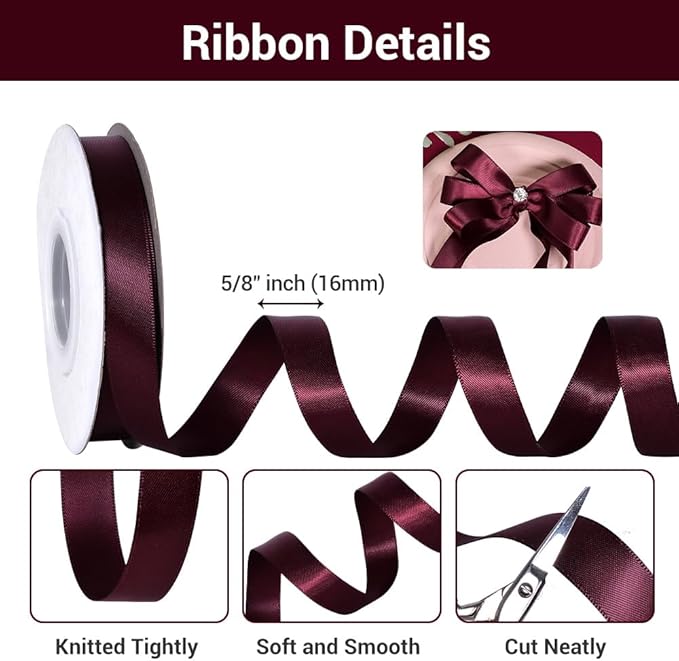 YAMA Burgundy Double Face Satin Ribbon - 5/8" 25 Yards Burgundy Ribbon for Gift Package Wrapping,Floral Design,Hair Bow Clip Making,Crafting,Sewing,Wedding Decor