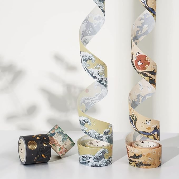 WT Waves of Rebun Washi Tape Set, 4 Rolls, Gold Foil, Decorative Masking Tape, Bujo Planner Supplies, DIY Crafts Tape, Adhesive Wrapping Tape, Paper Tape, Journaling Gifts