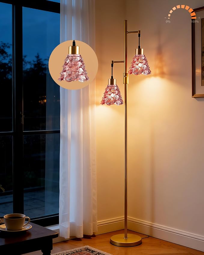 Lightdot 2-Light Gold Flower Floor Lamp, 65IN Rose Red Glass Floor Lamp with 3000K Warm White Bulbs, Modern Standing Tall Lamp with 5Lbs Heavy Base for Living Room Bedroom Home Office Sofa Beside