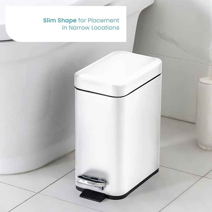 Home Zone Living 1.3 Gallon Small Bathroom Trash Can with Lid and Step Pedal, Stainless Steel Wastebasket with Slim Design for Home and Office, Matte White, 5 Liters