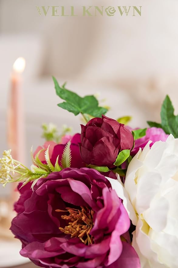 WELL KNOWN Artificial Flowers in Glass Vase with Fake Water, Silk Peony Flower Bouquet for Home Dinning Tea Table, Office Desktop, Hotel, Wedding, Party, Lavatory Decor & Gift (Fuchsia & White)