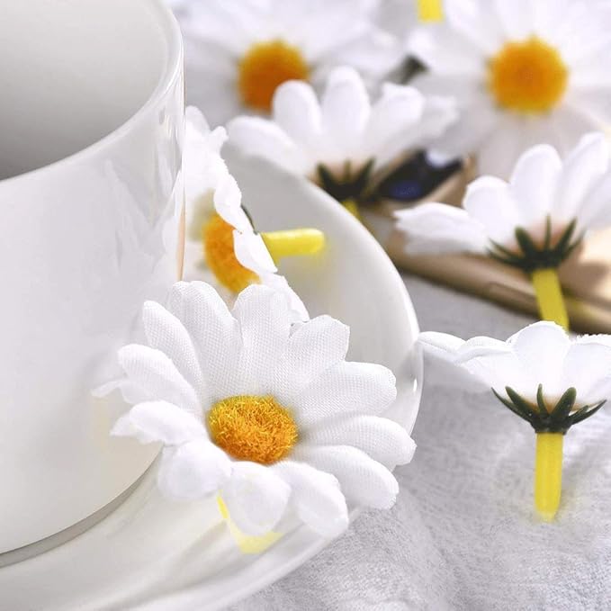 JOHOUSE 200PCS Silk Daisy Flower Heads for DIY Crafts - 1.5 Inch Gerbera Chrysanthemum Artificial Daisies for Bouquets, Baby Showers, Wedding & Home Decor