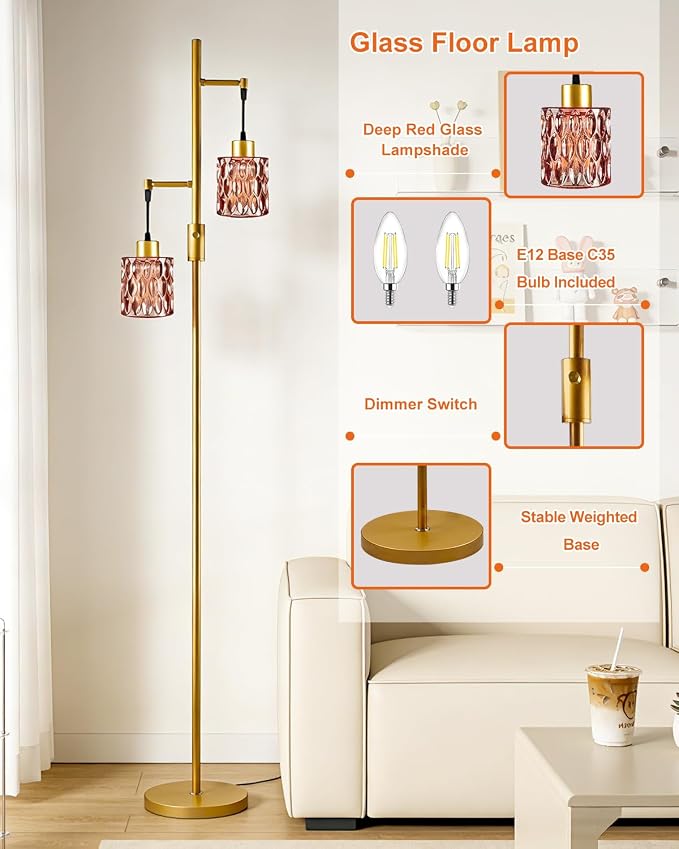 Lightdot 65IN Industrial Gold Floor Lamp for Living Room, 2- Light Deep Red Glass Floor Lamps with Warm White Bulbs, Modern Farmhouse Tree Standing Tall Lamp with 5Lbs Heavy Base for Bedroom