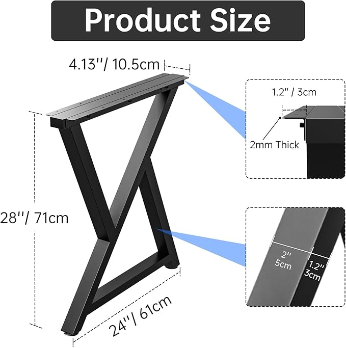 TOCRETOARE Metal Table Legs Heavy Duty, 28”H x 24”W, Metal Furniture Legs for Dining Desk Bench and Coffee Table, Industrial Black DIY Iron Bench Legs, Set of 2