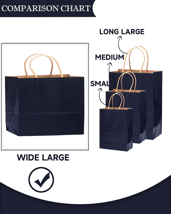qiqee 13"x4.5"x10" Large Gift Bag with Handles Bulk 32PCS Gift Paper Bags Navy Blue Bags Multiple Uses (Wide Large)