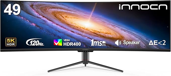 INNOCN 49" Curved Monitor Ultrawide Gaming 5K2K 120Hz 32:9 QHD 5120 x 1440P Computer Monitor, R1800, 99% sRGB, HDR400, USB Type C, DisplayPort, HDMI, Built-in Speakers, Height/Tilt Adjustable - 49C1R
